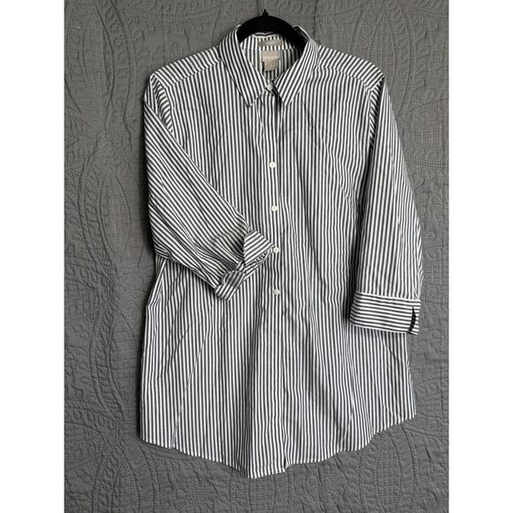 Chico's 2 No Iron Button Front Shirt Womans  Blue White Flip Cuffs - Picture 2 of 9